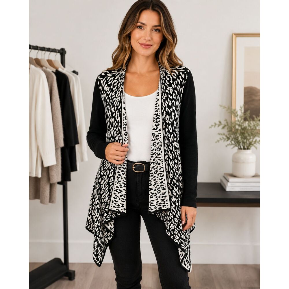 ii Sisters Cardigan Womens M/L Black White Leopard Draped Open Front Sweater E3